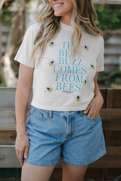 Sustainable beekeeping-themed women's t-shirt featuring 'The Best Buzz Comes From Bees' design, 100% heavyweight ring-spun cotton, bee graphic tee by How’s Your Day Honey.