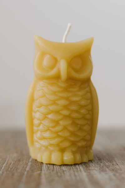 Hand-poured pure beeswax owl candle made in St. Petersburg, FL — eco-friendly, natural, chemical-free, sustainable candle from rescued bees.