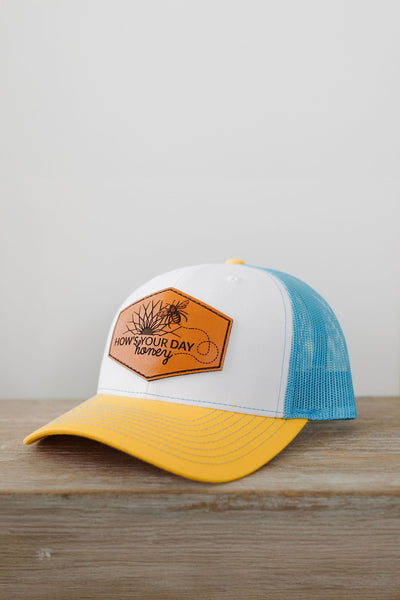 How’s Your Day Honey Trucker Hat – Leather Patch Edition front angle photo
