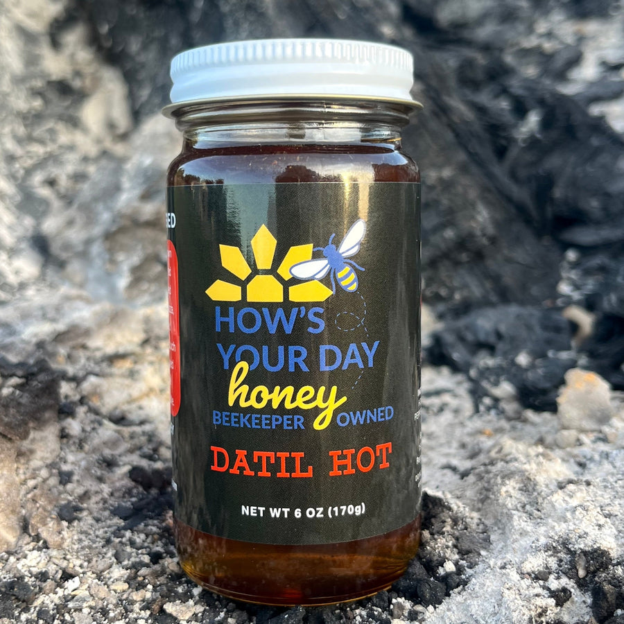 Jar of Datil Hot honey with a colorful label on a rocky background