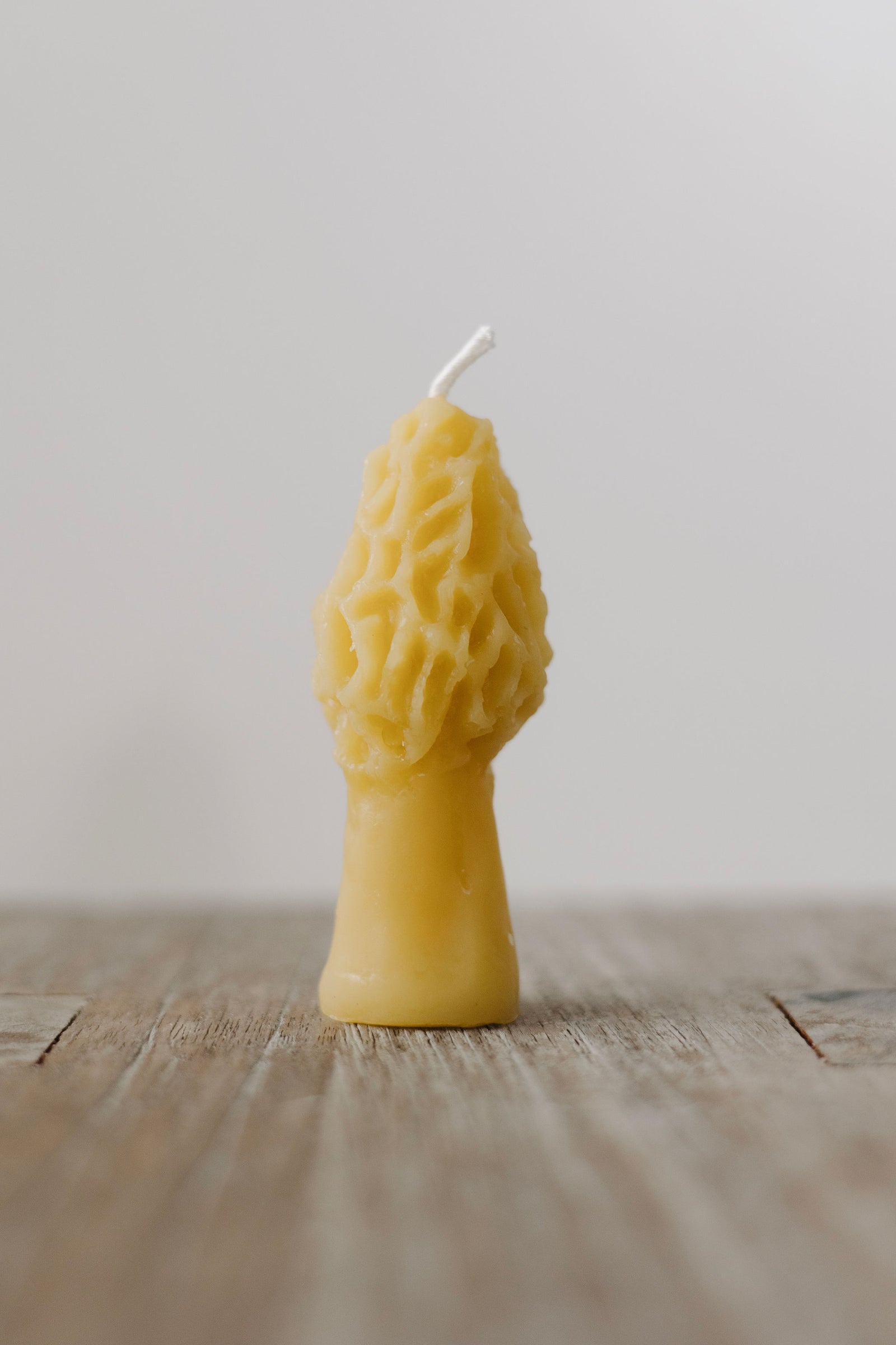Hand-poured mini morel mushroom beeswax candle — natural, eco-friendly, clean-burning candle made from rescued bees in St. Petersburg, FL.