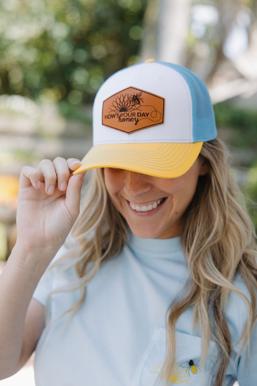 How’s Your Day Honey Trucker Hat – Leather Patch Edition worn by model